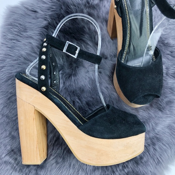 Maje Shoes - Maje Studded Suede Ankle Wrap Chunky Platform Clog
